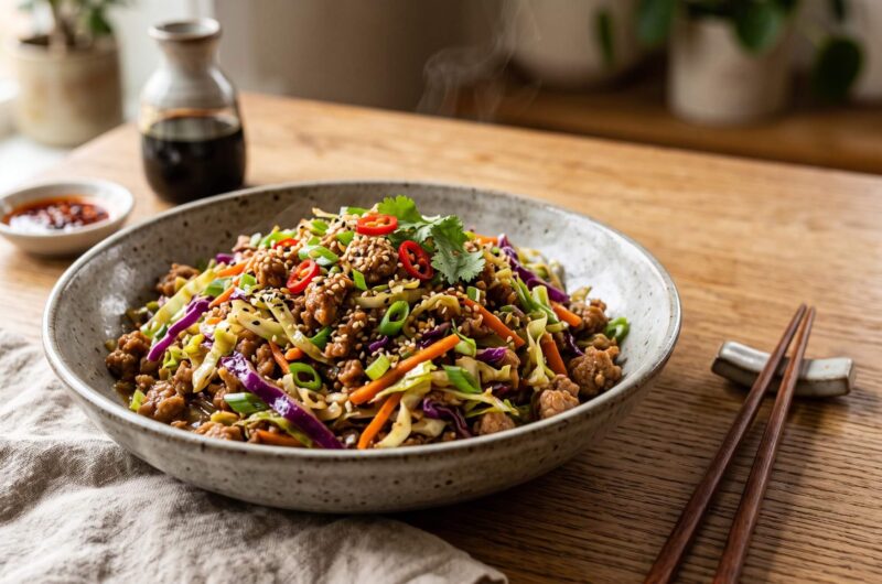 Low-carb Egg Roll in a Bowl with ground pork, cabbage, carrots, ginger, garlic, and sesame