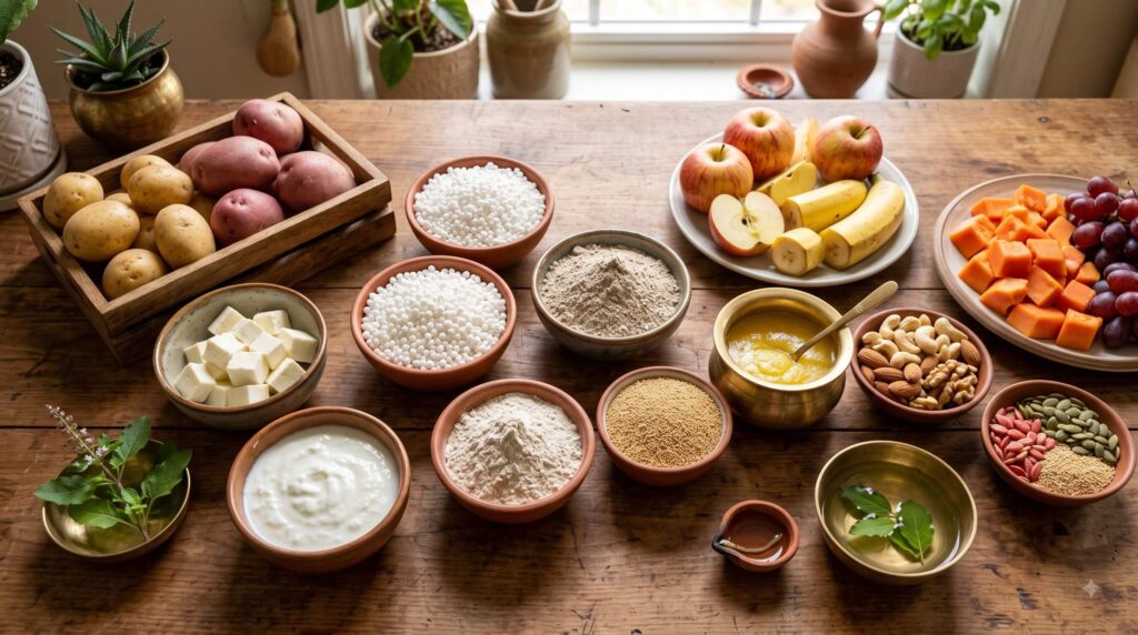 Ekadashi-friendly fruits vegetables dairy nuts and grain-free ingredients