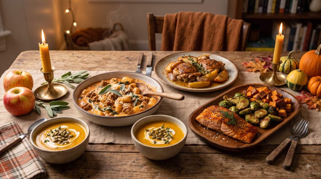 Cozy fall dinner spread with gnocchi, squash soup, apple chicken, and maple-glazed salmon