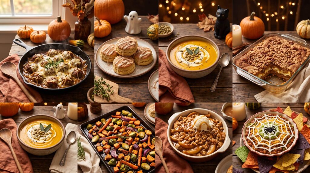 cozy fall and Halloween recipes including pumpkin desserts appetizers soups and easy dinners