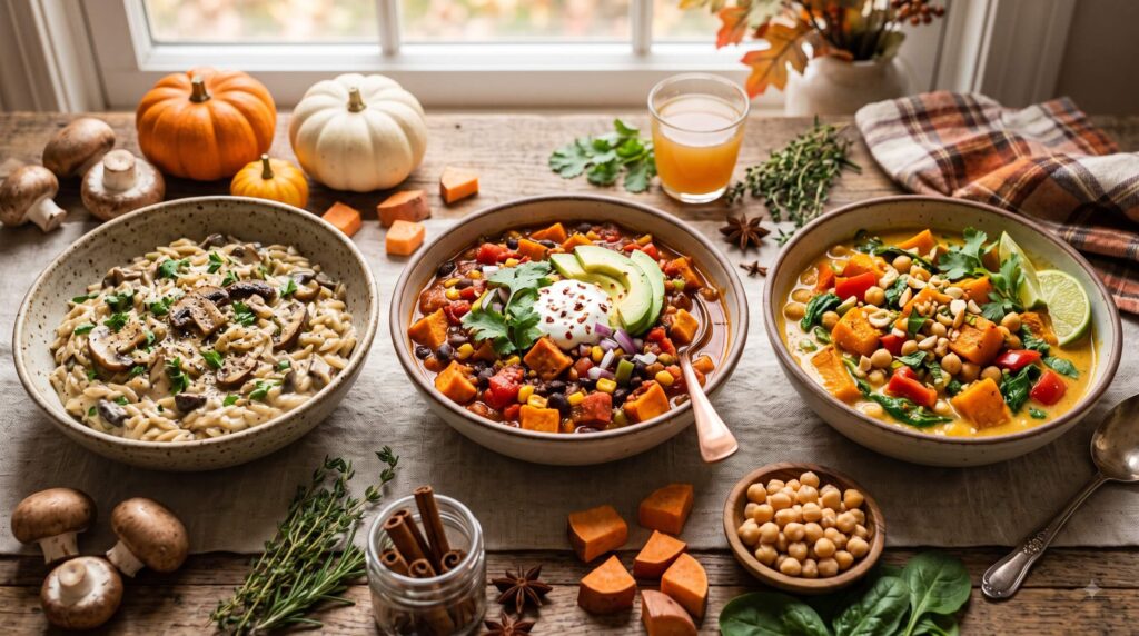 Quick fall meals featuring creamy mushroom orzo, sweet potato chili, and pumpkin coconut curry