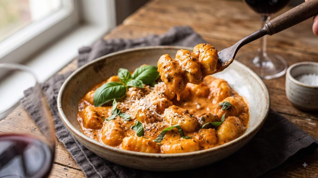 Creamy tomato basil gnocchi topped with Parmesan and fresh basil