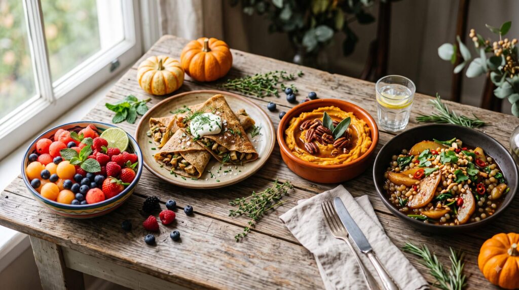 Four seasonal and Ekadashi-friendly recipes including fruit bowl crepes pumpkin mash and tapioca stir-fry
