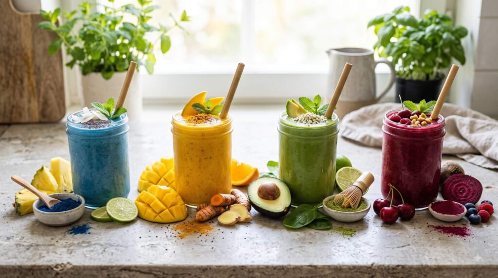 Four colorful functional smoothies including blue spirulina, turmeric mango, matcha avocado, and beet cherry