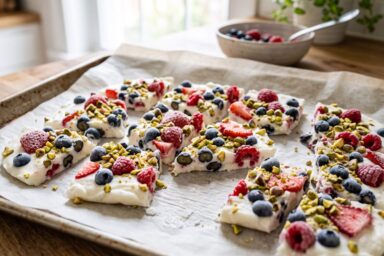 3-ingredient frozen Greek yogurt bark with berries and pistachios