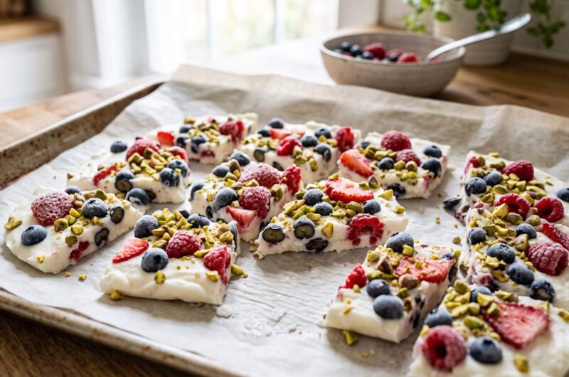 3-ingredient frozen Greek yogurt bark with berries and pistachios