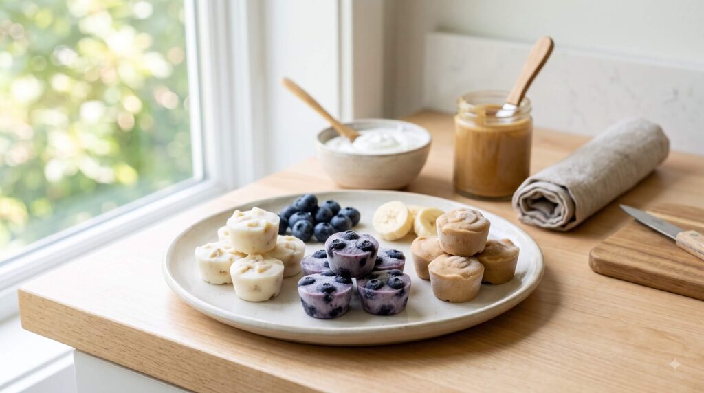 Frozen homemade dog treats made with banana, plain yogurt, blueberries, and peanut butter