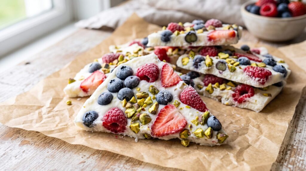 Frozen Greek yogurt bark shards with berries and chopped pistachios