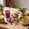 7 functional foods and recipes for gut health and hormone balance with smoothies, yogurt, soup, seeds and turmeric