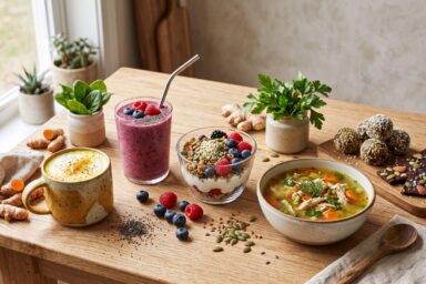 7 functional foods and recipes for gut health and hormone balance with smoothies, yogurt, soup, seeds and turmeric