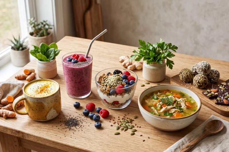 7 functional foods and recipes for gut health and hormone balance with smoothies, yogurt, soup, seeds and turmeric