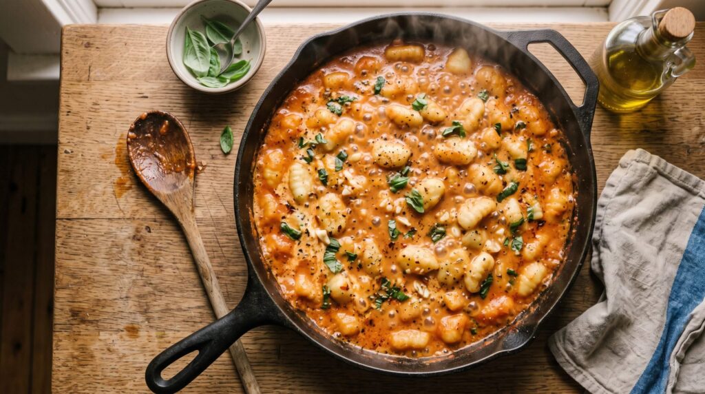 Potato gnocchi simmering directly in creamy tomato sauce in one pot