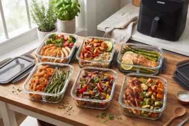 High-protein air fryer meal prep recipes with chicken, salmon, shrimp, steak, and vegetables