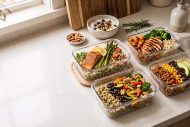 Macro balanced meal prep with high-protein chicken, salmon, vegetables, rice, and sweet potatoes