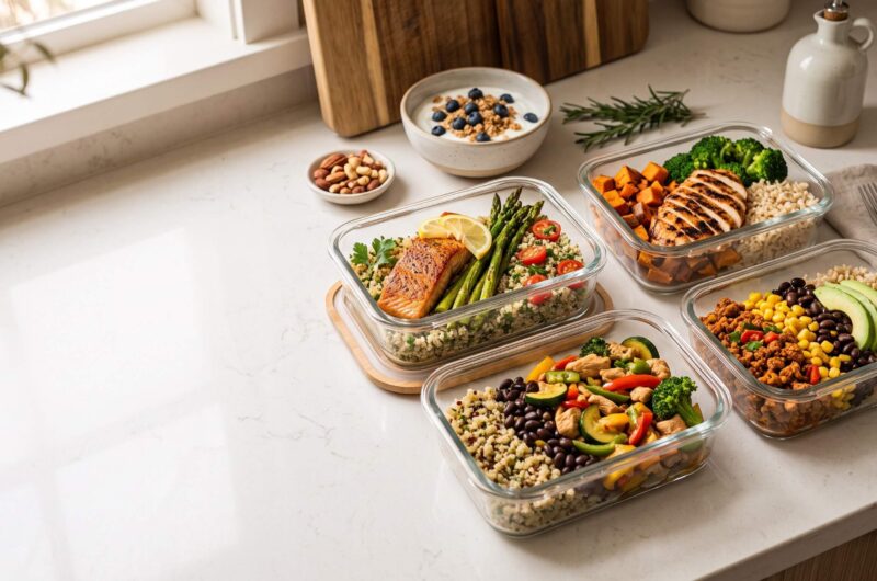 Macro balanced meal prep with high-protein chicken, salmon, vegetables, rice, and sweet potatoes