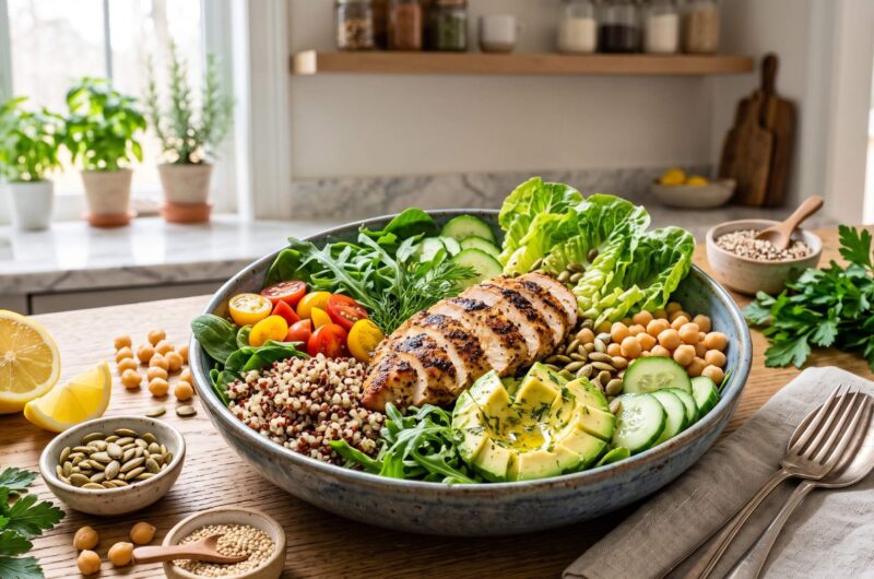 7 high-protein salad recipes with chicken, quinoa, chickpeas, vegetables, avocado, and healthy toppings.