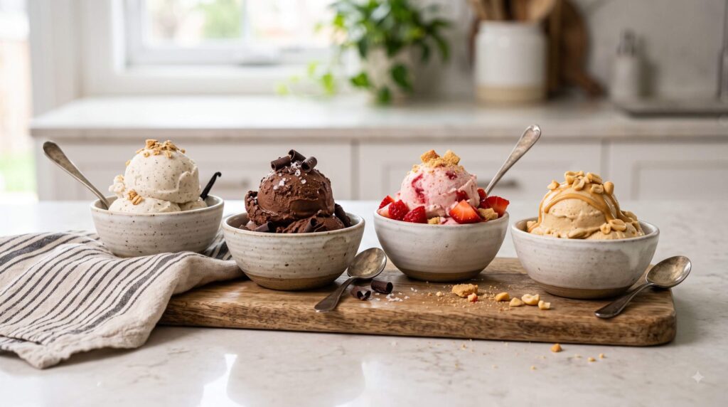 Four homemade Ninja Creami protein ice cream flavors including vanilla chocolate strawberry and peanut butter