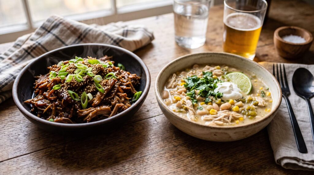 Honey garlic pulled pork and white chicken chili made in a slow cooker