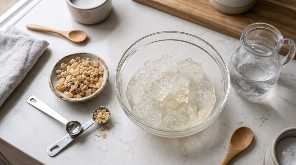 Dry and hydrated tragacanth gum showing how the crystals expand into a soft translucent gel