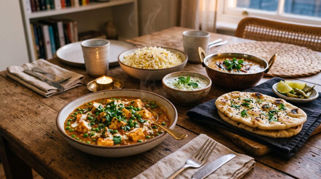 Matar paneer, dal tadka, basmati rice, naan, and raita served as a cozy Indian-inspired dinner