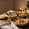 Cozy Indian-inspired dinner spread with curry, paneer, dal, rice, naan, and paratha