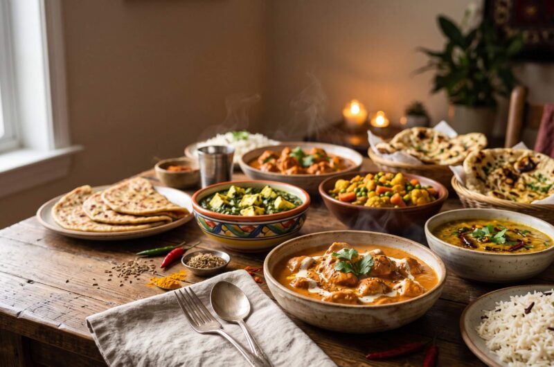 Cozy Indian-inspired dinner spread with curry, paneer, dal, rice, naan, and paratha