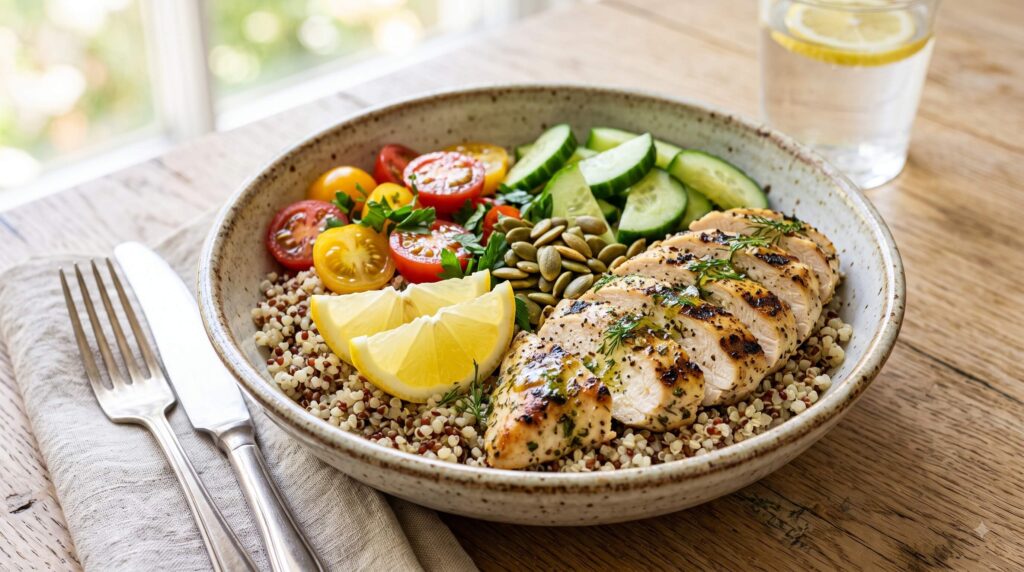 Lemon-herb grilled chicken and quinoa power bowl with cucumber, tomatoes, parsley, and lemon.