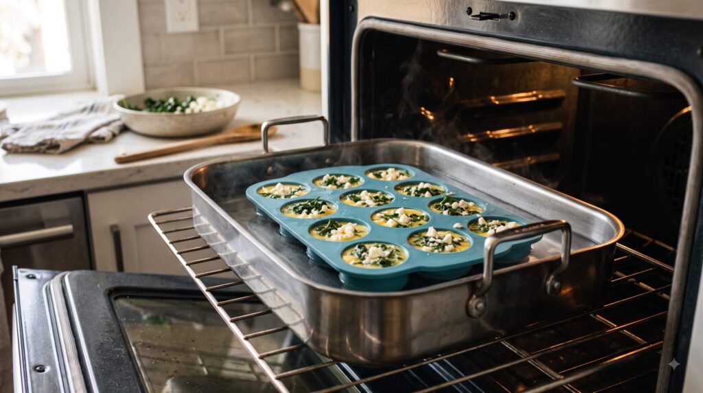 Spinach and feta egg bites cooking in a gentle oven water bath