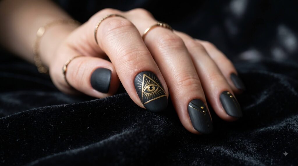 Gold Eye of Providence pyramid nail design on a matte black manicure
