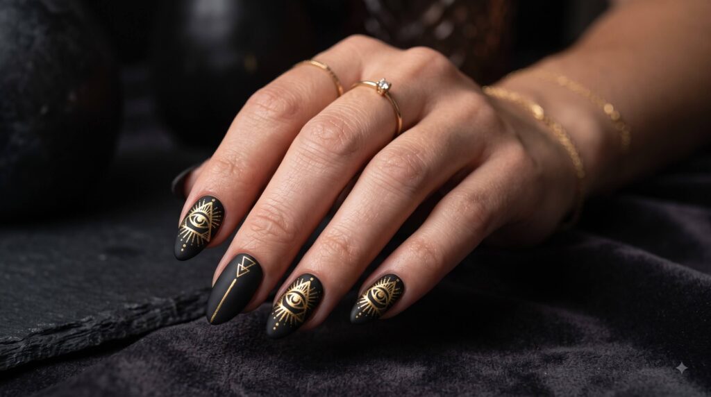 Finished matte black and gold Eye of Providence nail art manicure