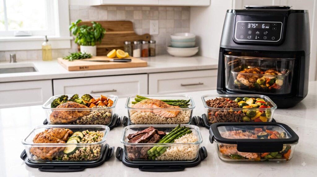 High-protein air fryer meal prep containers with chicken, salmon, beef, and vegetables