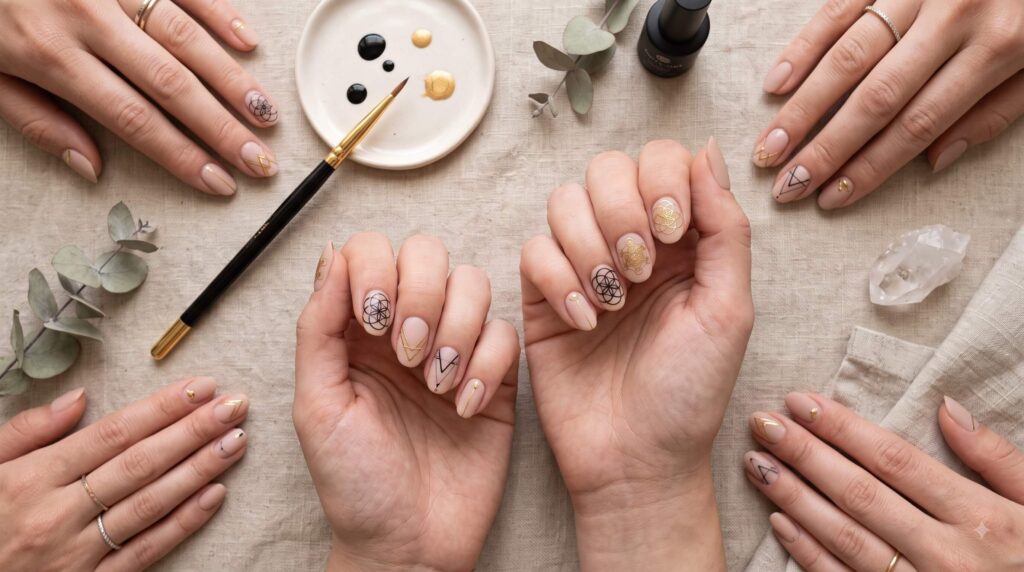 Minimalist sacred geometry nail art designs including Metatron's Cube and geometric French tips
