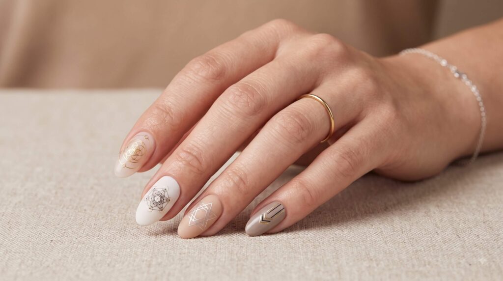 Neutral nail color palette with fine-line sacred geometry designs