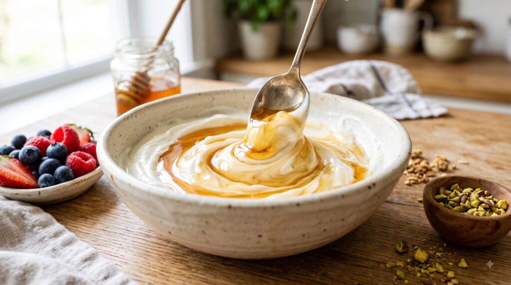 Plain Greek yogurt mixed with honey for frozen yogurt bark