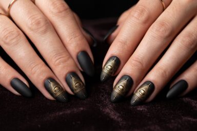 Matte black and gold Illuminati Eye of Providence nail art with pyramid design