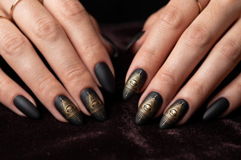 Matte black and gold Illuminati Eye of Providence nail art with pyramid design