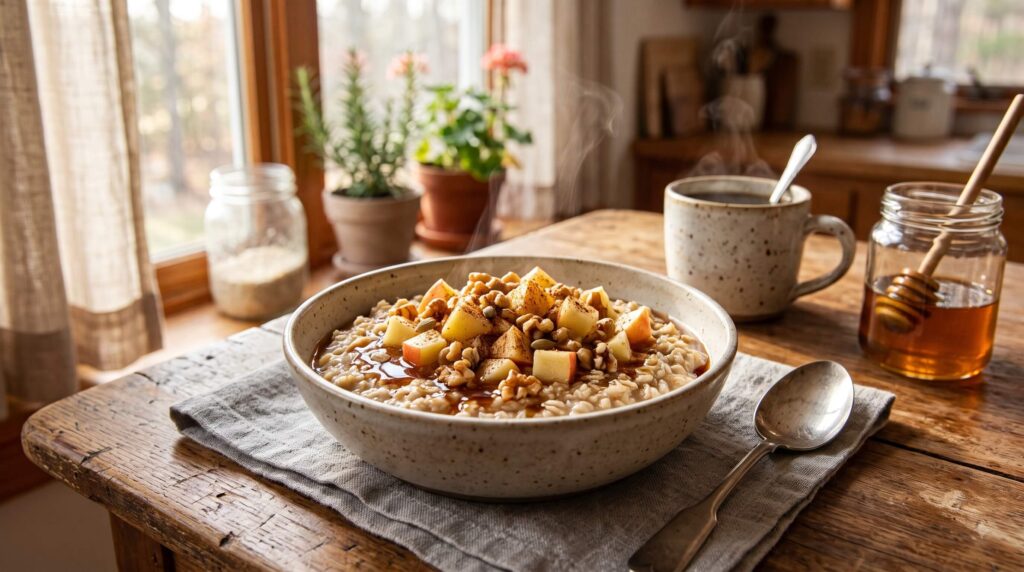 Warm apple cinnamon oatmeal with Honeycrisp apples and toasted walnuts