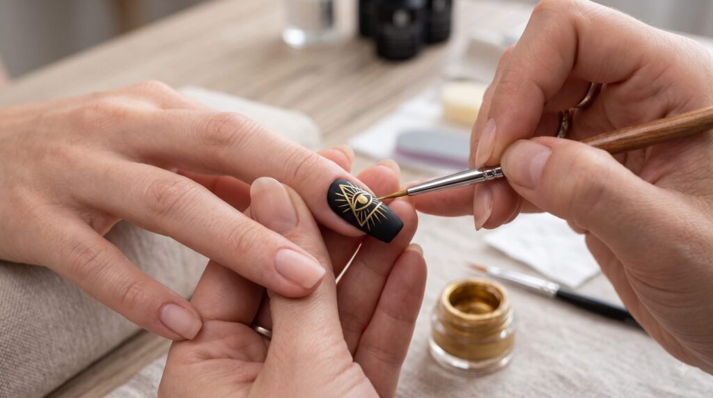 Fine gold brush creating an Eye of Providence design on a matte black nail