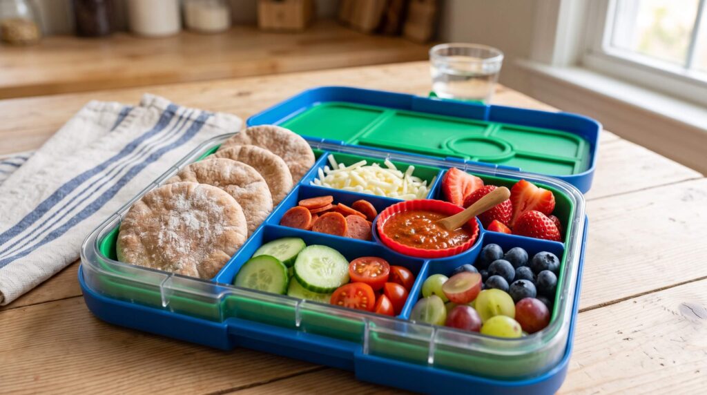 Build-your-own mini pizza lunch with pita rounds, cheese, marinara sauce, cucumber, and fruit in a bento box.