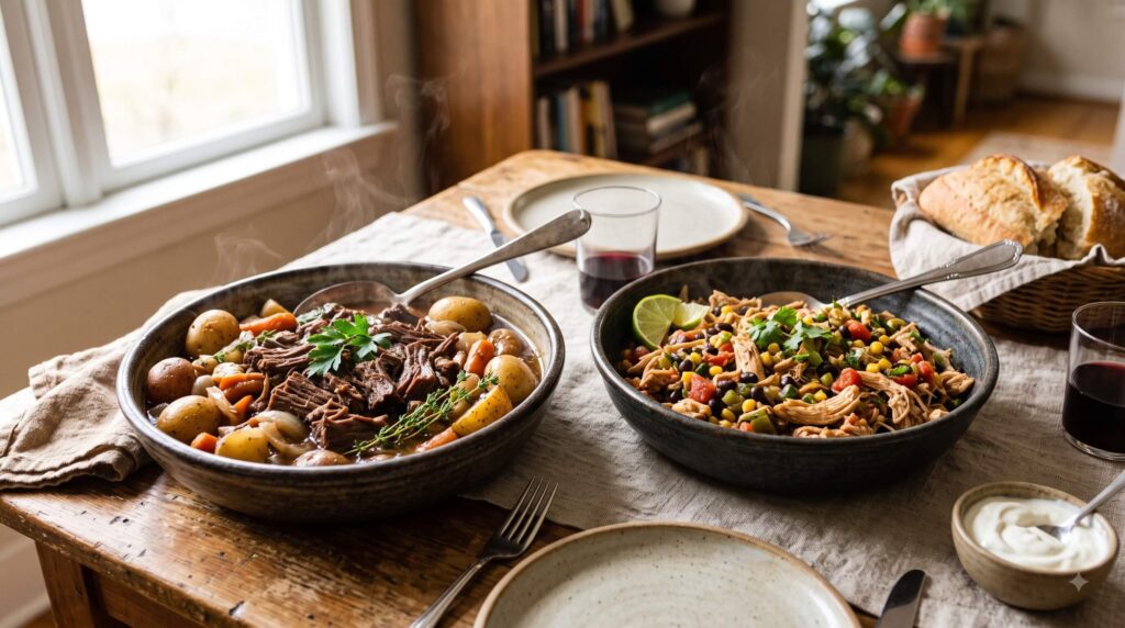 Slow cooker pot roast with vegetables and shredded salsa chicken with black beans and corn