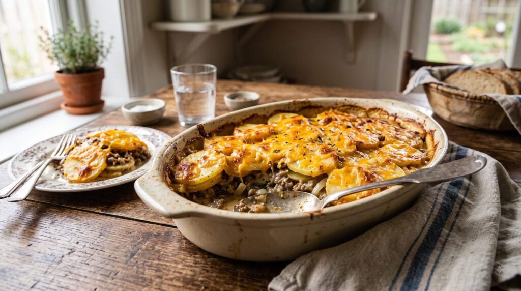 Golden potato casserole with ground beef inspired by vintage Depression era comfort food