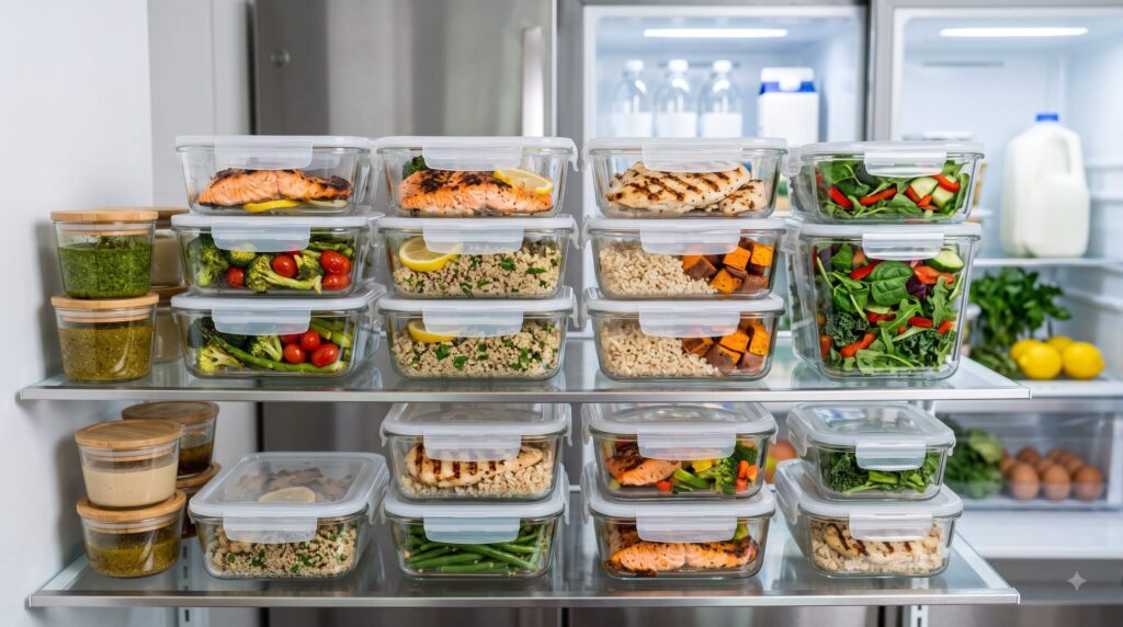 Glass meal prep containers with high-protein balanced meals stored for the week