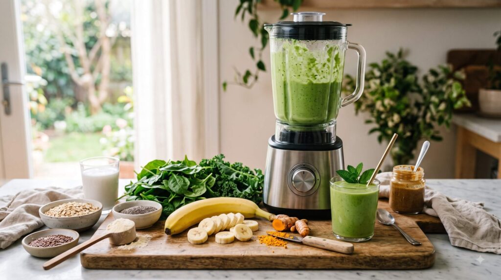 Whole-food smoothie ingredients including avocado, chia, flax, turmeric, ginger, and coconut milk