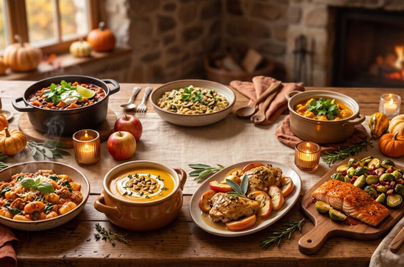 7 cozy fall dinners including gnocchi, soup, chicken, salmon, chili, orzo, and pumpkin curry