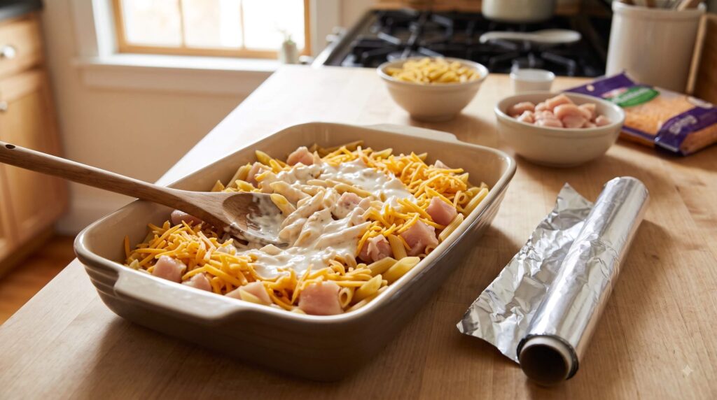 Dump and bake dinner method with raw ingredients in one baking dish