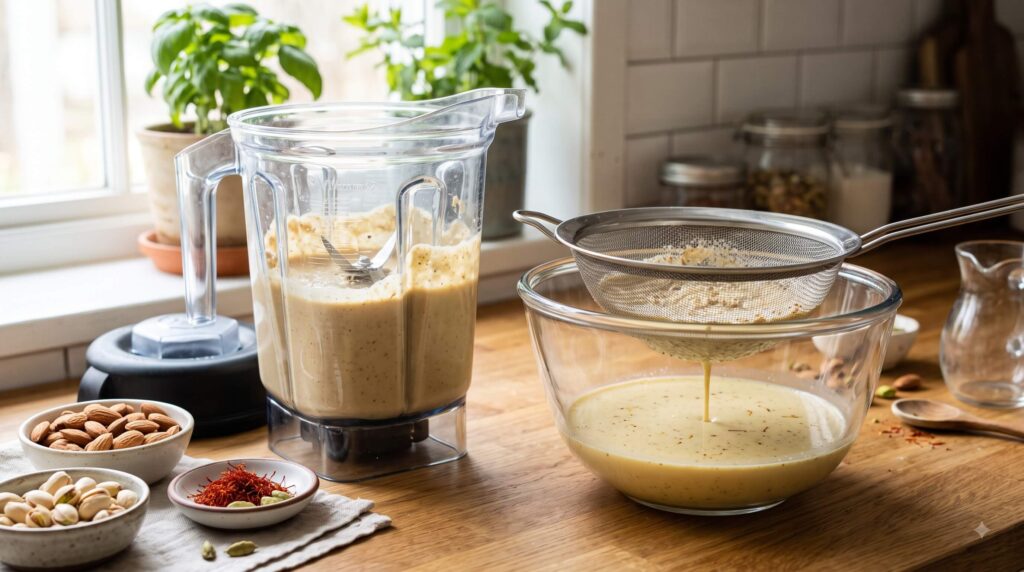 Blended almond and pistachio mixture being strained to make smooth homemade Shardai drink