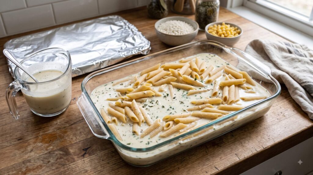 Dry pasta surrounded by cooking liquid for a no-boil dump and bake casserole