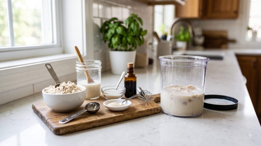 High-protein Ninja Creami ice cream ingredients prepared for a frozen pint