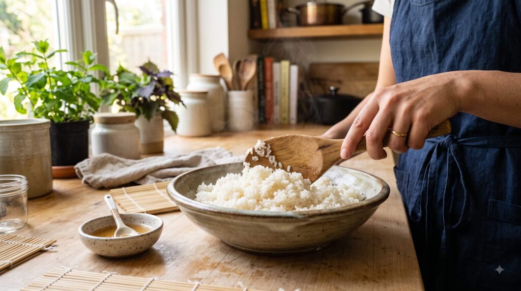 Perfect Japanese sushi rice being seasoned for homemade sushi