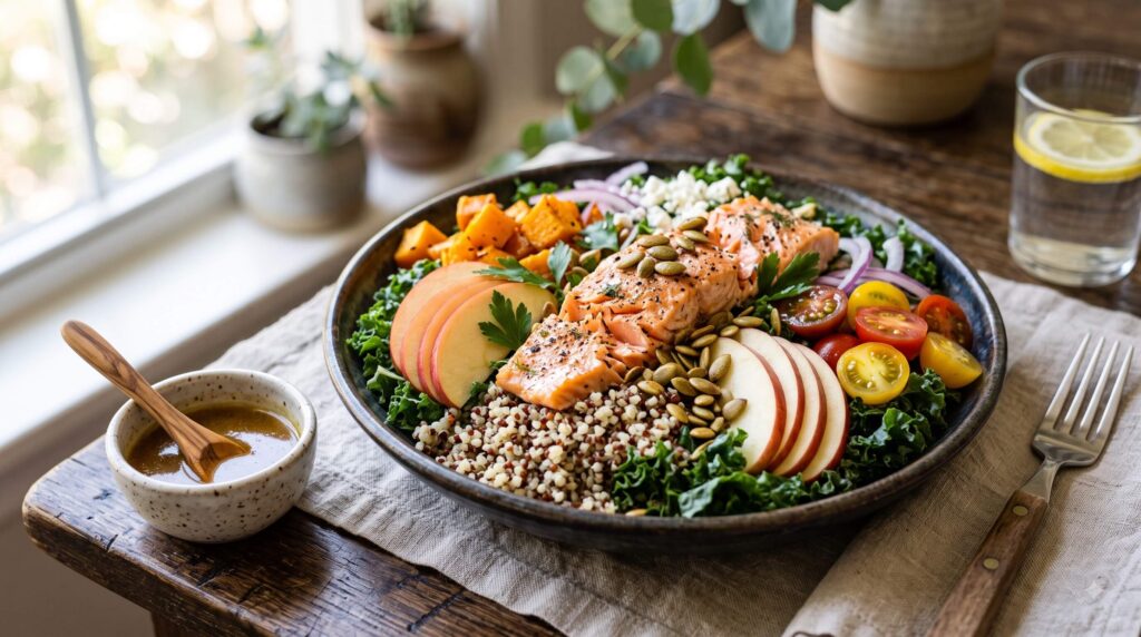 Salmon and quinoa harvest salad with kale, sliced apple, pumpkin seeds, and maple mustard dressing.